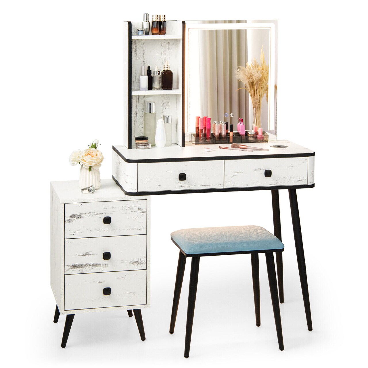 Vanity Makeup Table Set with Lighted Mirror and 3-in-1 Charging Station